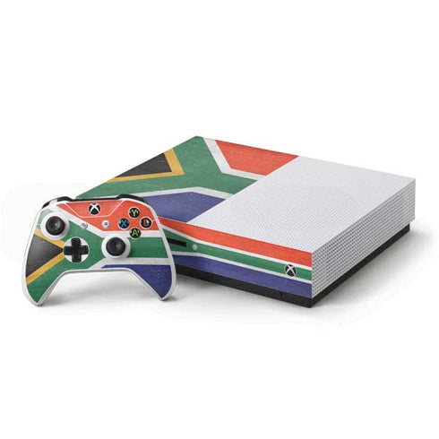 South Africa Flag Distressed Xbox One S Console and Controller Bundle Skin